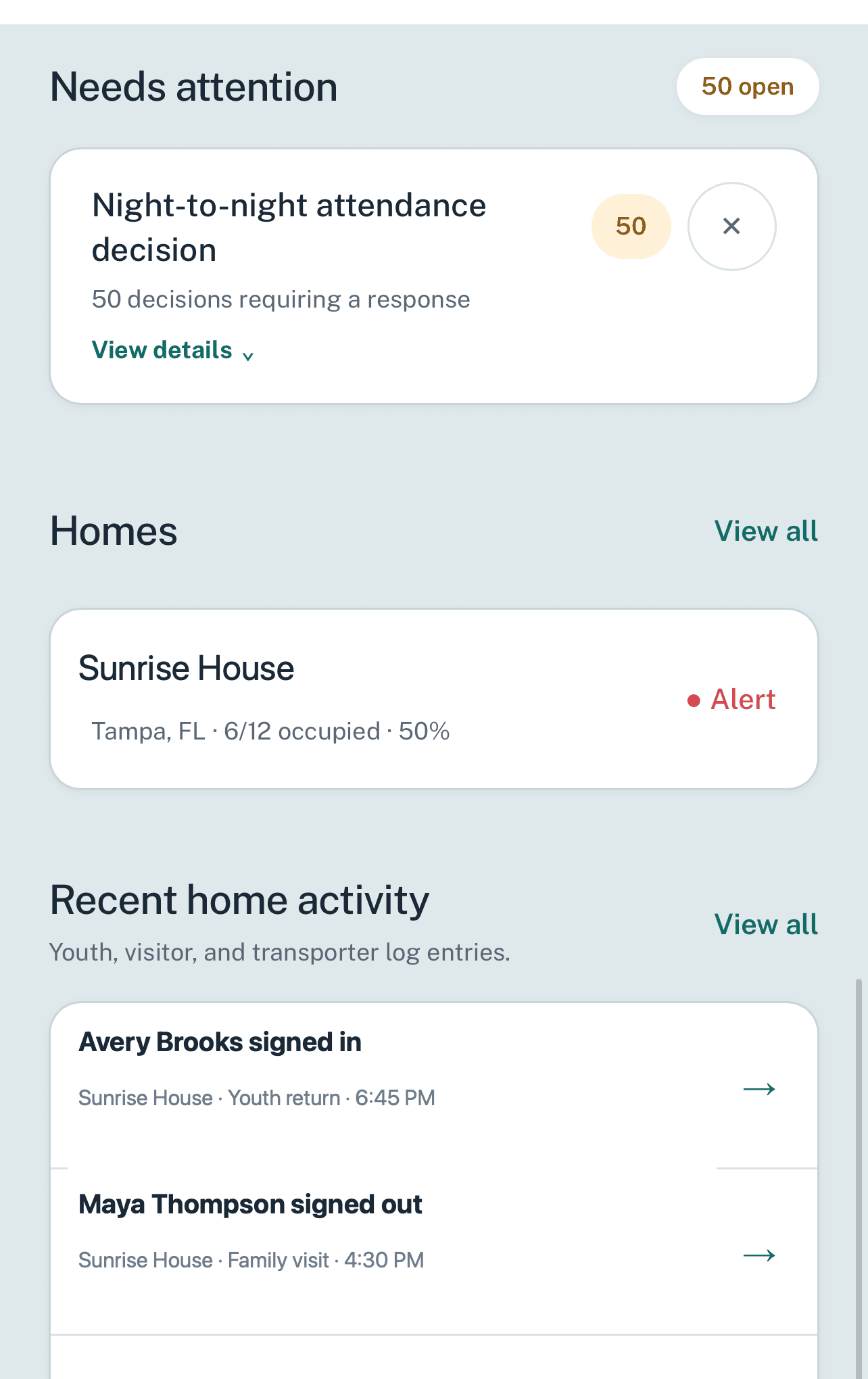 Mobile home overview showing attention items and recent home activity